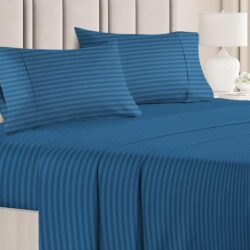 Premium Glace Cotton Solid/Stripe King Bedsheet with 2 King Size Pillow Covers | Double Bed with 210 TC Glace Cotton | Size - King Size 90x100 inches - Blue