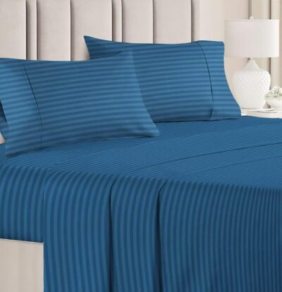 Premium Glace Cotton Solid/Stripe King Bedsheet with 2 King Size Pillow Covers | Double Bed with 210 TC Glace Cotton | Size - King Size 90x100 inches - Blue
