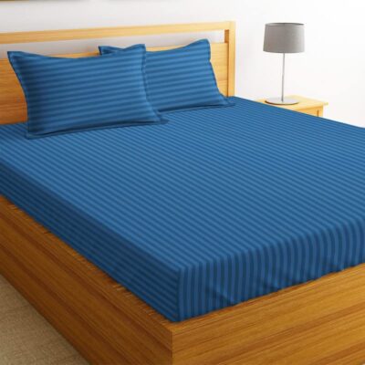 Premium Glace Cotton Solid/Stripe King Bedsheet with 2 King Size Pillow Covers | Double Bed with 210 TC Glace Cotton | Size - King Size 90x100 inches - Blue - Image 5
