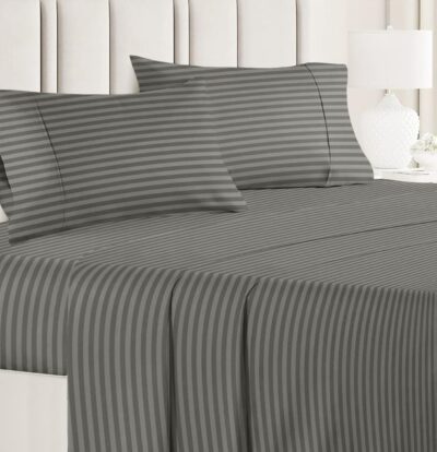 Premium Glace Cotton Solid/Stripe King Bedsheet with 2 King Size Pillow Covers | Double Bed with 210 TC Glace Cotton | Size - King Size 90x100 inches - Grey