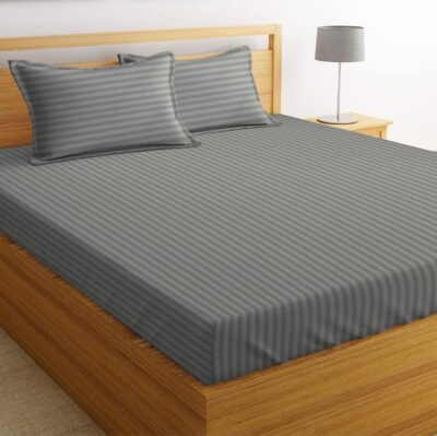 Premium Glace Cotton Solid/Stripe King Bedsheet with 2 King Size Pillow Covers | Double Bed with 210 TC Glace Cotton | Size - King Size 90x100 inches - Grey - Image 4