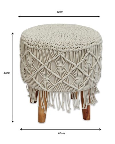 Heavendecor Off-White Tassled Macreme 4 Legged Wooden Sitting Stool/Ottoman/muddha/pouffe (Set of 2) - Image 3