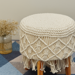 Heavendecor Off-White Tassled Macreme 4 Legged Wooden Sitting Stool/Ottoman/muddha/pouffe