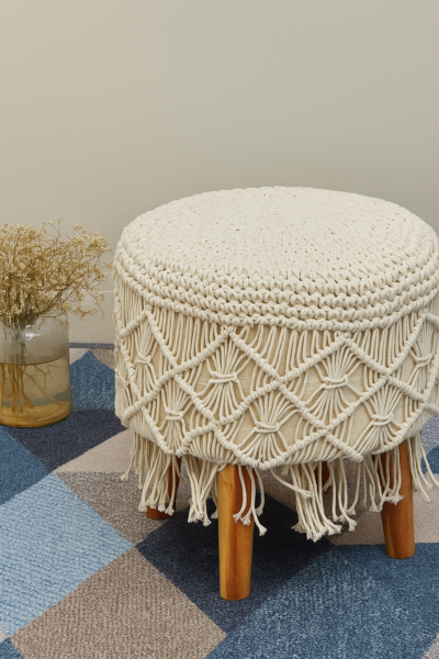 Heavendecor Off-White Tassled Macreme 4 Legged Wooden Sitting Stool/Ottoman/muddha/pouffe