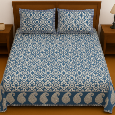 Heavendecor Pure 100% Cotton Jaipuri Double Bed Sheet 90*108 inches with 2 Pillow Covers with Modern Abstract Geometrical Print