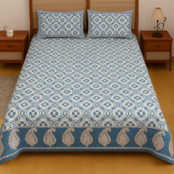 100% Cotton 300 TC Premium King Size Bedsheet for Double Bed (90 x 108 Inch) with 2 Pillow Covers Set (17 x 27 Inch) Designer Printed Bedsheet Set - Ikat Blue