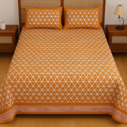 Heavendecor Pure 100% Cotton Jaipuri Double Bed Sheet 90*108 inches with 2 Pillow Covers with Modern Abstract Geometrical Print- (orange)