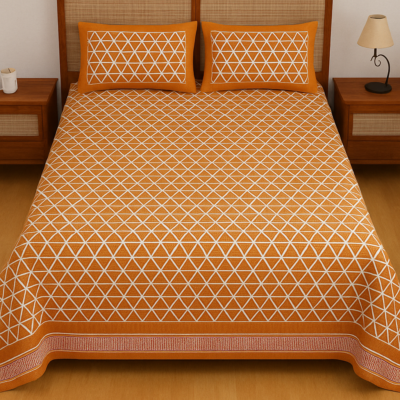 Heavendecor Pure 100% Cotton Jaipuri Double Bed Sheet 90*108 inches with 2 Pillow Covers with Modern Abstract Geometrical Print- (orange)