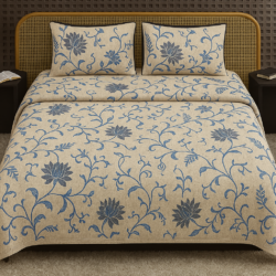 100% Cotton Bedsheet for Double Bed with 2 Pillow Covers, Floral Double Bedsheet (Size 90 x 100 inches, blue white)