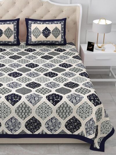 Heavendecor Cotton Rajasthani Jaipuri Sanganeri Print Double Bedsheet with 2 Pillow Covers Queen Size Bed Sheet (90x100 inch) (Blue) - Image 2