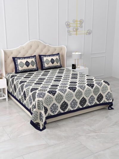 Heavendecor Cotton Rajasthani Jaipuri Sanganeri Print Double Bedsheet with 2 Pillow Covers Queen Size Bed Sheet (90x100 inch) (Blue)
