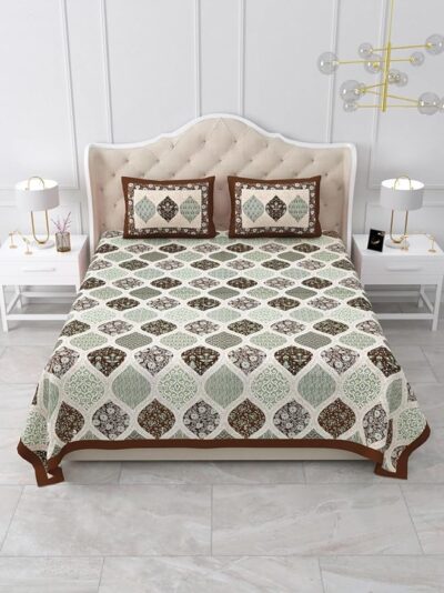 Heavendecor Cotton Rajasthani Jaipuri Sanganeri Print Double Bedsheet with 2 Pillow Covers Queen Size Bed Sheet (90x100 inch) (Brown)