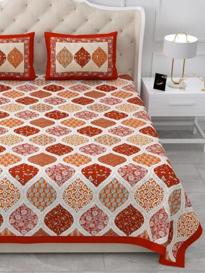 Heavendecor Cotton Rajasthani Jaipuri Sanganeri Print Double Bedsheet with 2 Pillow Covers Queen Size Bed Sheet (90x100 inch) (Orange) - Image 2