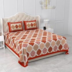 Heavendecor Cotton Rajasthani Jaipuri Sanganeri Print Double Bedsheet with 2 Pillow Covers Queen Size Bed Sheet (90x100 inch) (Orange)