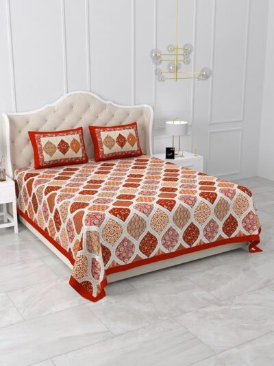 Heavendecor Cotton Rajasthani Jaipuri Sanganeri Print Double Bedsheet with 2 Pillow Covers Queen Size Bed Sheet (90x100 inch) (Orange)