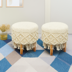 Heavendecor Off-White Tassled Macreme 4 Legged Wooden Sitting Stool/Ottoman/muddha/pouffe (Set of 2)
