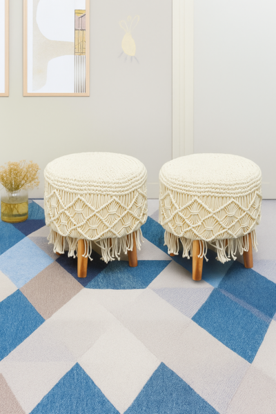 Heavendecor Off-White Tassled Macreme 4 Legged Wooden Sitting Stool/Ottoman/muddha/pouffe (Set of 2)